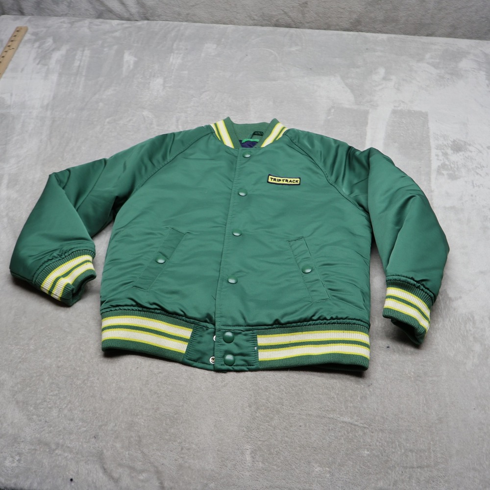 Benetton Jacket Boys Large 8-9Y Green Quilt Lined Insulated Bomber Varsity LOGO